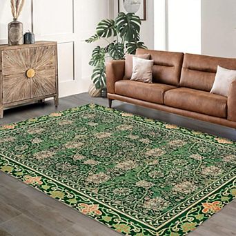 Washable Vintage Floral Area Rug Non Slip Low Pile Distressed Boho Indoor Carpet