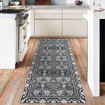 Washable Vintage Floral Area Rug Non Slip Low Pile Distressed Boho Indoor Carpet