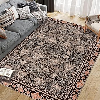 Washable Vintage Floral Area Rug Non Slip Low Pile Distressed Boho Indoor Carpet