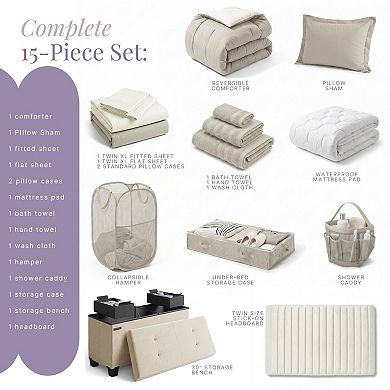 Hearth & Harbor Complete Dorm Room Set with Headboard and Storagebench