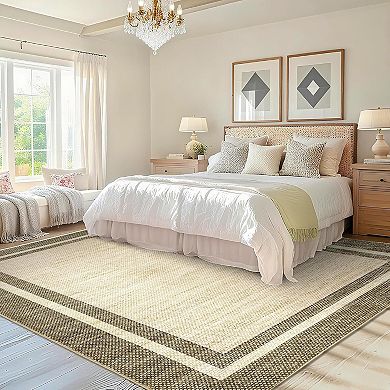 Modern Bordered Area Rug Washable Non Slip Low Pile Stain Resistant Indoor Rug