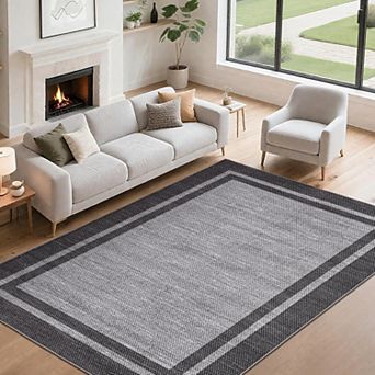 Modern Bordered Area Rug Washable Non Slip Low Pile Stain Resistant Indoor Rug
