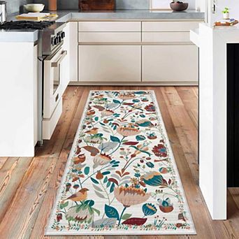 Floral Birds Area Rug Washable Non Slip Boho Vintage Low Pile Carpet