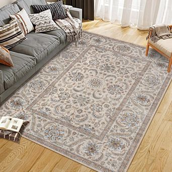 Vintage Medallion Area Rug Washable Non Slip Low Pile Indoor Carpet for Living Room Bedroom