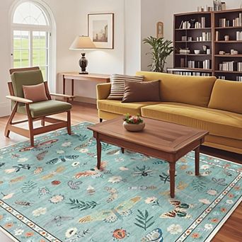 Floral Insect Area Rug Washable Non Slip Faux Wool Indoor Carpet