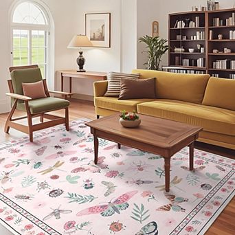 Floral Insect Area Rug Washable Non Slip Faux Wool Indoor Carpet