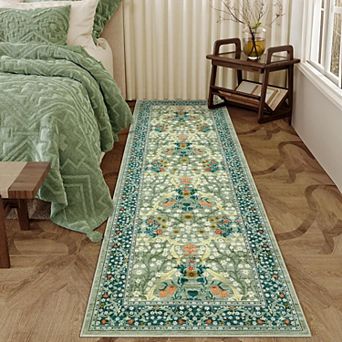 Washable Floral Rug Non Slip Low Pile Polyester Faux Wool Indoor Floor Carpet