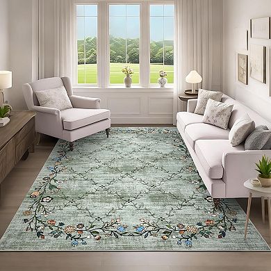 Modern Floral Area Rug Washable Non Slip Low Pile Indoor Carpet
