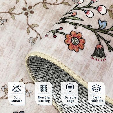 Modern Floral Area Rug Washable Non Slip Low Pile Indoor Carpet