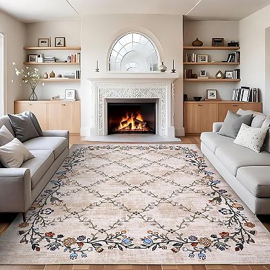 Modern Floral Area Rug Washable Non Slip Low Pile Indoor Carpet