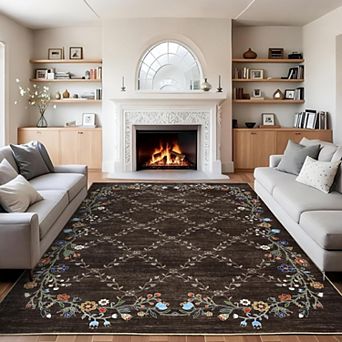 Modern Floral Area Rug Washable Non Slip Low Pile Indoor Carpet