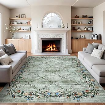 Modern Floral Area Rug Washable Non Slip Low Pile Indoor Carpet