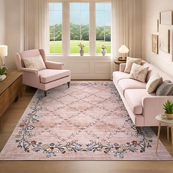 Modern Floral Area Rug Washable Non Slip Low Pile Indoor Carpet