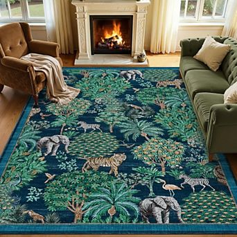 Jungle Animal Print Area Rug Washable Non Slip Low Pile Faux Wool Rug Indoor Carpet
