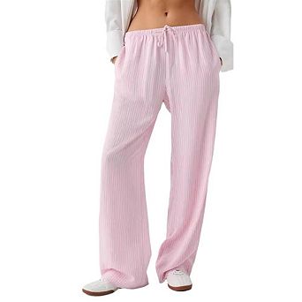 Women's Relaxed Wide Leg Pants with Striped Pattern and Drawstring Waist Bottoms Trousers