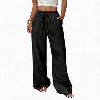 Women's Linen Blend Wide Leg Pants Elastic Drawstring Waist Casual Textured Trousers