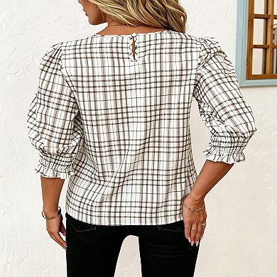 Blueming Round Neck 3/4 Sleeve Bow Print Casual Blouse Tops