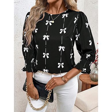 Blueming Round Neck 3/4 Sleeve Bow Print Casual Blouse Tops