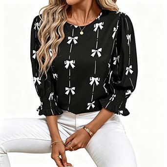 Blueming Round Neck 3/4 Sleeve Bow Print Casual Blouse Tops