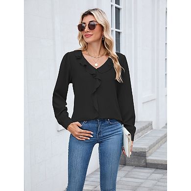 Blueming V Neck Long Sleeve Ruffle Trim Casual Blouse Tops