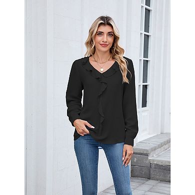 Blueming V Neck Long Sleeve Ruffle Trim Casual Blouse Tops