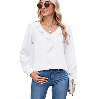Blueming V Neck Long Sleeve Ruffle Trim Casual Blouse Tops