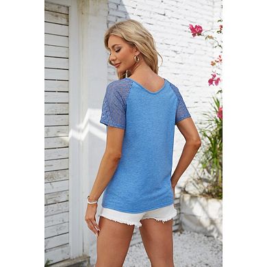 Blueming V Neck Short Sleeve Lace Patchwork Casual T-Shirt Tops