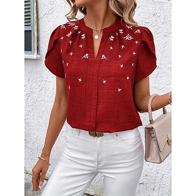 Blueming Womens Short Sleeve V Neck Embroidered Casual Blouse Tops