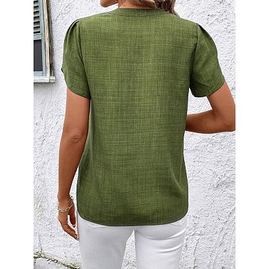 Blueming Womens Short Sleeve V Neck Embroidered Casual Blouse Tops