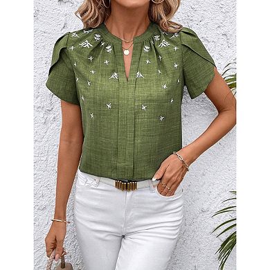 Blueming Womens Short Sleeve V Neck Embroidered Casual Blouse Tops