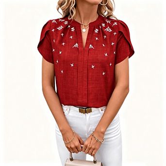 Blueming Womens Short Sleeve V Neck Embroidered Casual Blouse Tops