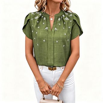 Blueming Womens Short Sleeve V Neck Embroidered Casual Blouse Tops