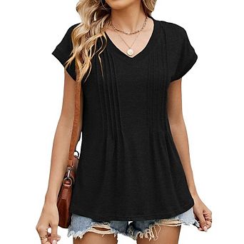 Blueming V Neck Short Sleeve Pleated Casual T-Shirt Tops