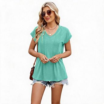 Blueming V Neck Short Sleeve Pleated Casual T-Shirt Tops