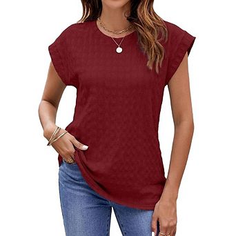 Blueming Womens Short Sleeve Round Neck Textured Casual T Shirt Tops