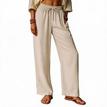 Women's Cotton Linen Wide Leg Pants Drawstring Elastic Waist Casual Trousers