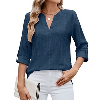 Women Split V Neck Eyelet Embroidery Blouse 3/4 Sleeve Hollow Out Casual Blouse
