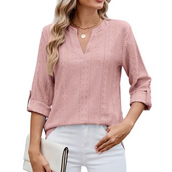 Women Split V Neck Eyelet Embroidery Blouse 3/4 Sleeve Hollow Out Casual Blouse