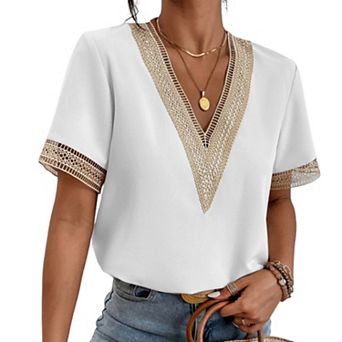 Women Lace Trim V Neck Top Loose Fit Short Sleeve Elegant Casual Top