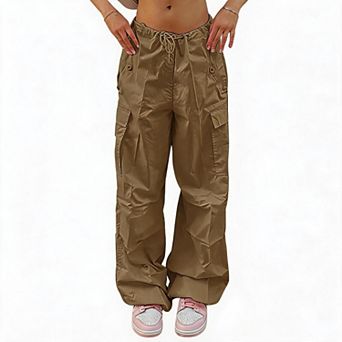Women Drawstring High Waist Wide Leg Cargo Pants Multi Pocket Lightweight Streetwear Trousers