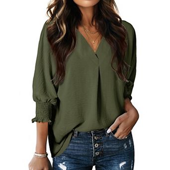 Women V Neck Blouse Smocked Ruffle 3/4 Sleeve Business Casual Dressy Top