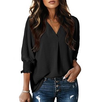 Women V Neck Blouse Smocked Ruffle 3/4 Sleeve Business Casual Dressy Top