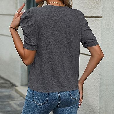 Women Crew Neck Puff Bubble Short Sleeve T-Shirt Soft Solid Color Casual Tee