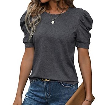 Women Crew Neck Puff Bubble Short Sleeve T-Shirt Soft Solid Color Casual Tee