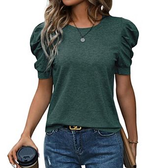Women Crew Neck Puff Bubble Short Sleeve T-Shirt Soft Solid Color Casual Tee