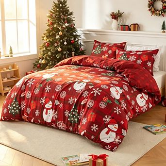 Festive Snowman Duvet Cover Set, Christmas Reversible Holiday Red Plaid Bedding for Teens Room