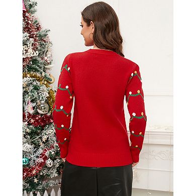 Womens Long Sleeve Christmas Knit Sweater Xmas Tree Present Snowflake Crew Neck Pullover