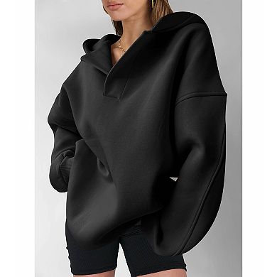 Women's Oversized Half Henley Notch Collar Hooded Pullover Sweatshirt