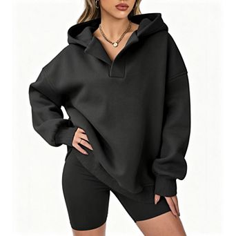Women's Oversized Half Henley Notch Collar Hooded Pullover Sweatshirt