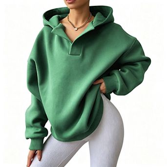 Women's Oversized Half Henley Notch Collar Hooded Pullover Sweatshirt